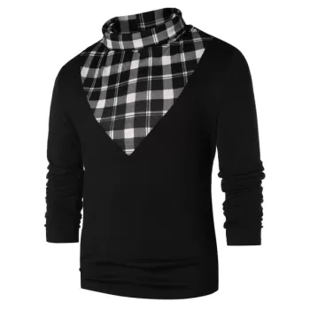 Checked Panel Turtle Neck T-shirt - Black