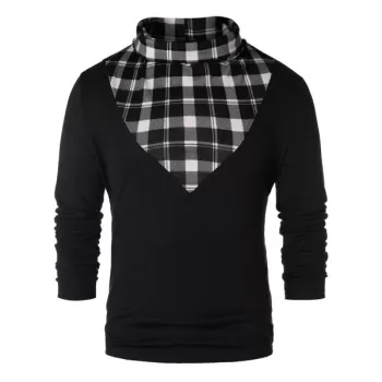 Checked Panel Turtle Neck T-shirt - Black
