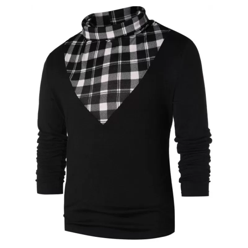 Checked Panel Turtle Neck T-shirt - Black