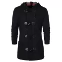 Checked Print Panel Hooded Duffle Coat - Black