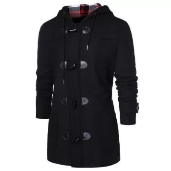 Checked Print Panel Hooded Duffle Coat - Black