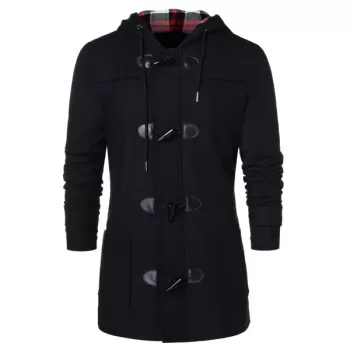 Checked Print Panel Hooded Duffle Coat - Black