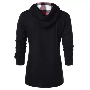 Checked Print Panel Hooded Duffle Coat - Black