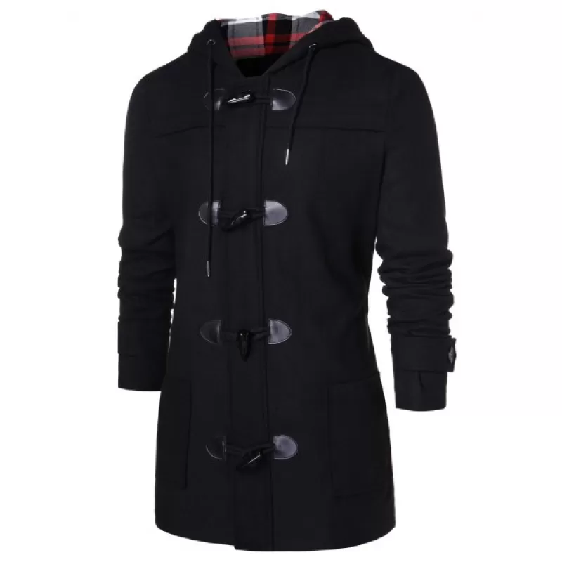 Checked Print Panel Hooded Duffle Coat - Black