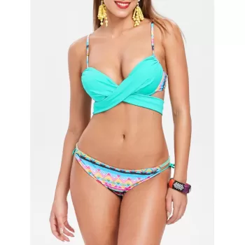 Cheeky Spaghetti Strap Geometric Bikini Set For Women - ake Blue