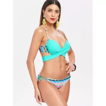Cheeky Spaghetti Strap Geometric Bikini Set For Women - ake Blue