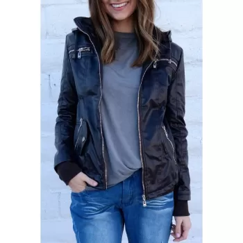 Chic Hooded Solid Color Detachable Sleeve Faux Leather Jacket For Women - Coffee