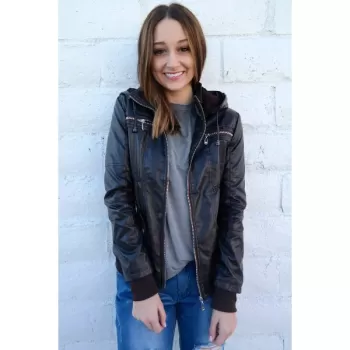 Chic Hooded Solid Color Detachable Sleeve Faux Leather Jacket For Women - Coffee