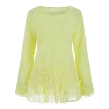 Chic Round Collar Long leeve Lace pliced Women's Blouse - Beige