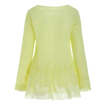 Chic Round Collar Long leeve Lace pliced Women's Blouse - Beige