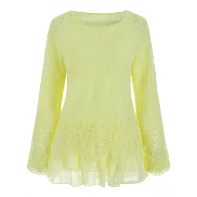 Chic Round Collar Long leeve Lace pliced Women's Blouse - Beige