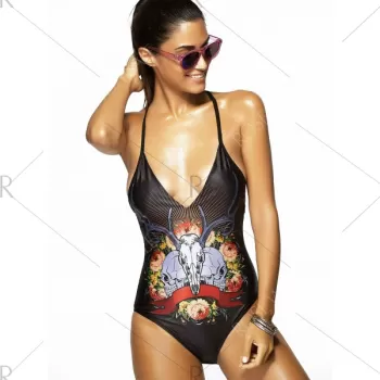 Chic paghetti trap Animal Print Criss-Cross Backless Women's wimwear - Black
