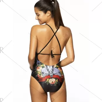 Chic paghetti trap Animal Print Criss-Cross Backless Women's wimwear - Black