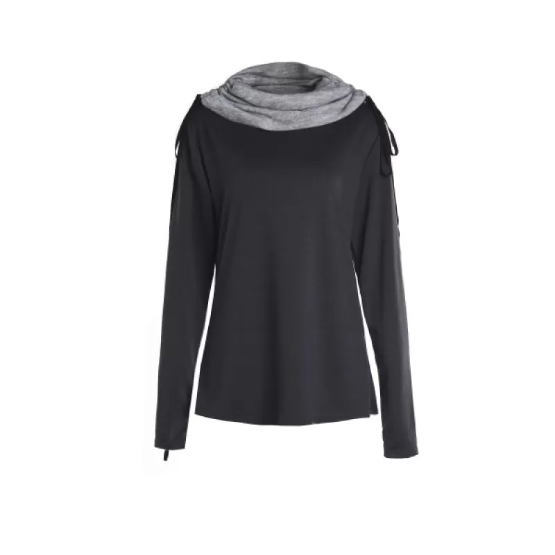 Chic Turtle Neck Long leeve pliced Women's weatshirt - Black