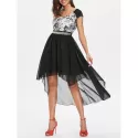 Chiffon Panel equin Waist High Low Dress - Black