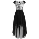 Chiffon Panel equin Waist High Low Dress - Black