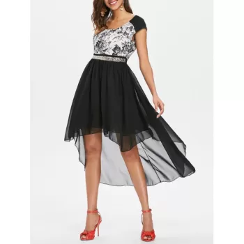 Chiffon Panel equin Waist High Low Dress - Black