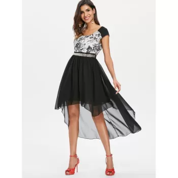 Chiffon Panel equin Waist High Low Dress - Black