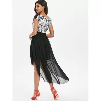 Chiffon Panel equin Waist High Low Dress - Black