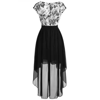 Chiffon Panel equin Waist High Low Dress - Black