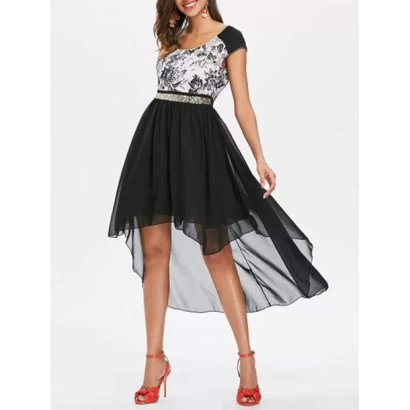 Chiffon Panel equin Waist High Low Dress - Black
