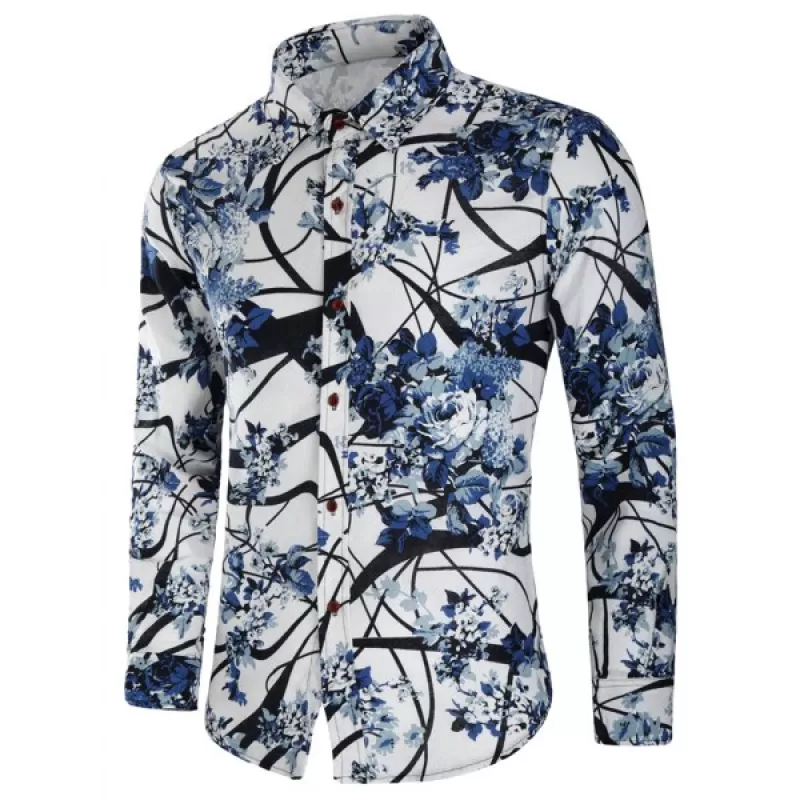 Chinese Painting Flowers Print Casual Shirt -