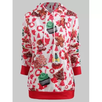 Christmas Cake Print Pullover Hoodie -