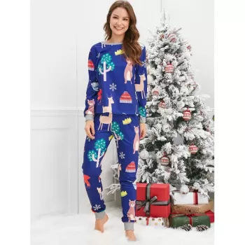Christmas Cartoon Animal Print Family Pajama Sets - Blue Dad