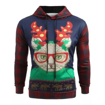Christmas Cat Print Pullover Hoodie -