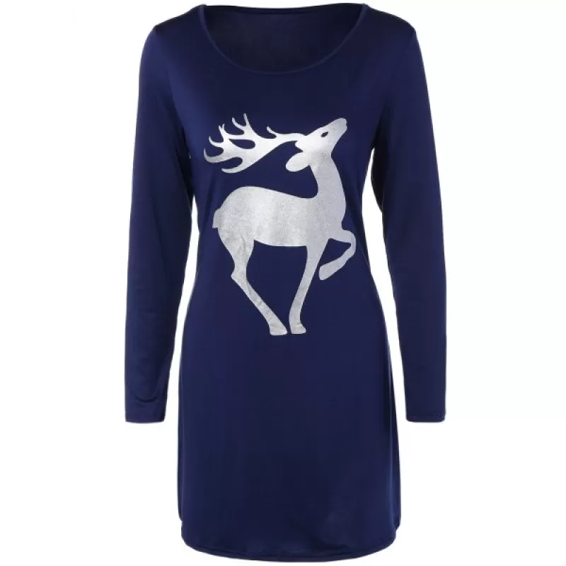 Christmas Deer Patched Fitted T-hirt Dress - Cadetblue
