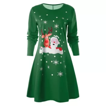 Christmas Deer Pattern Swing Dress - Green