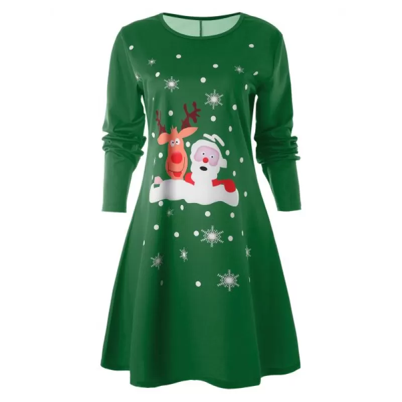 Christmas Deer Pattern Swing Dress - Green