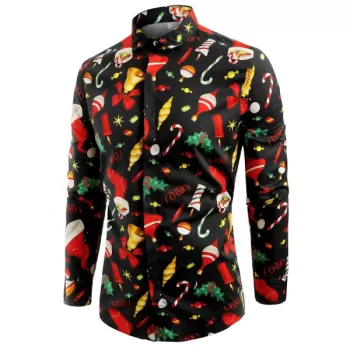Christmas Elements Print ong Sleeve Shirt - Black