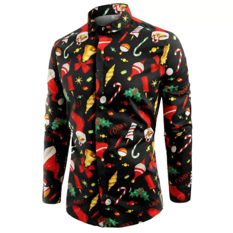 Christmas Elements Print ong Sleeve Shirt - Black