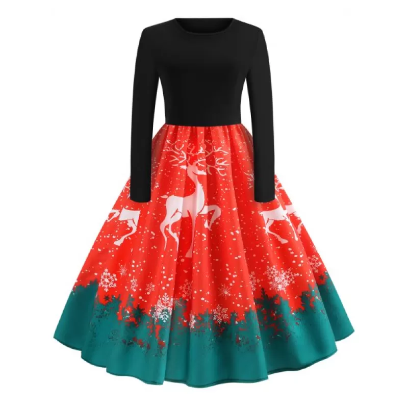 Christmas Elk Print Fit and Flare Dress - ava Red
