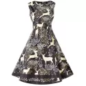 Christmas Elk Print High Waist Swing Dress - Black
