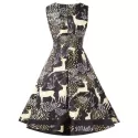 Christmas Elk Print High Waist Swing Dress - Black