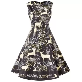 Christmas Elk Print High Waist Swing Dress - Black