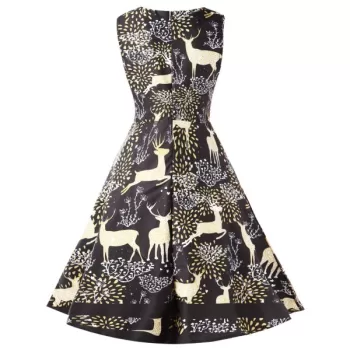Christmas Elk Print High Waist Swing Dress - Black