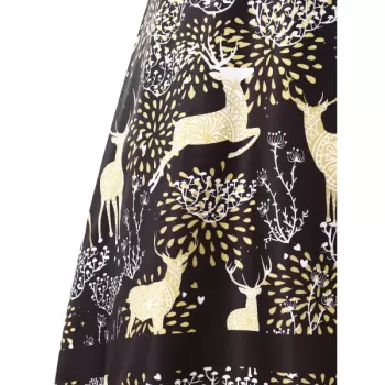 Christmas Elk Print High Waist Swing Dress - Black