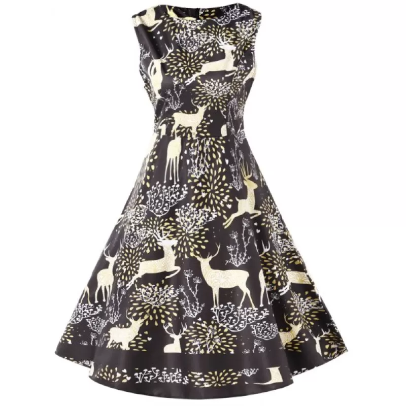 Christmas Elk Print High Waist Swing Dress - Black