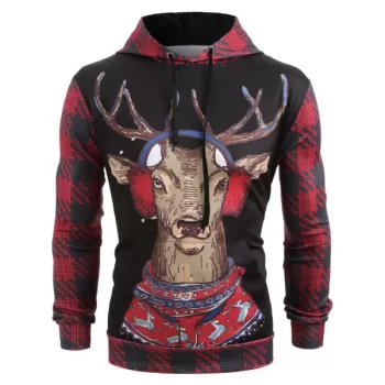 Christmas Elk Print Kangaroo Pocket Hoodie -