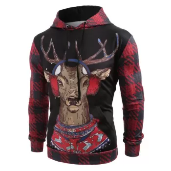 Christmas Elk Print Kangaroo Pocket Hoodie -