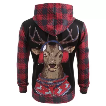 Christmas Elk Print Kangaroo Pocket Hoodie -
