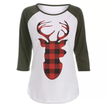 Christmas Elk Print Raglan leeve T-hirt - Army Green