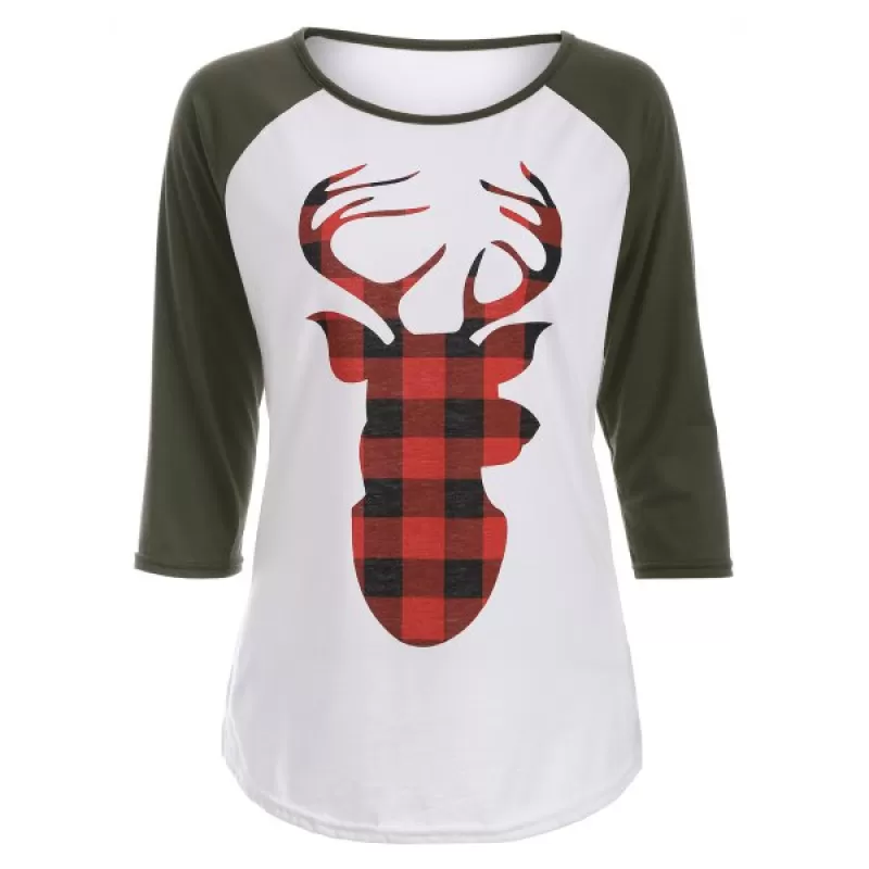 Christmas Elk Print Raglan leeve T-hirt - Army Green