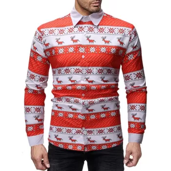 Christmas Geometry Elk Print Long Sleeves Shirt - Red