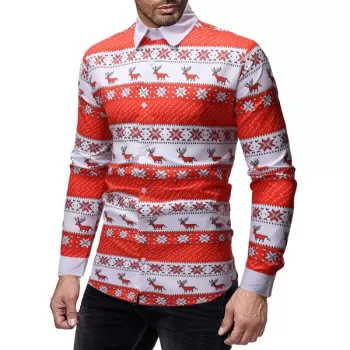 Christmas Geometry Elk Print Long Sleeves Shirt - Red