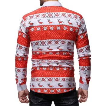 Christmas Geometry Elk Print Long Sleeves Shirt - Red