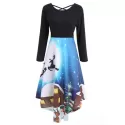 Christmas ong Sleeve Print Flare Dress - Black